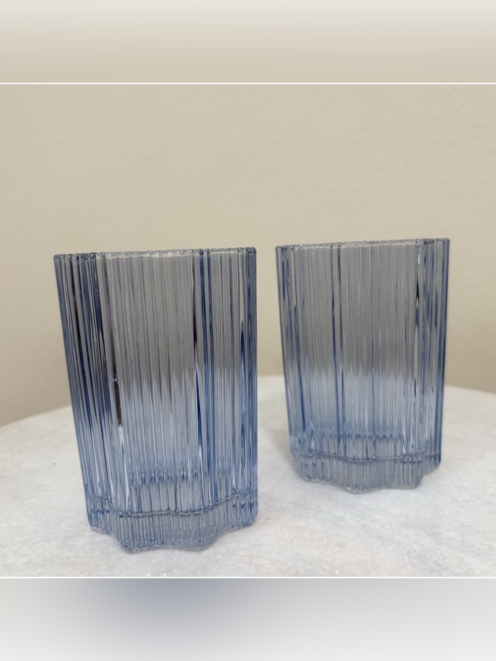 Glass Hause Set of 2 Ribbed Floral Shape Glasses 12 oz Blue